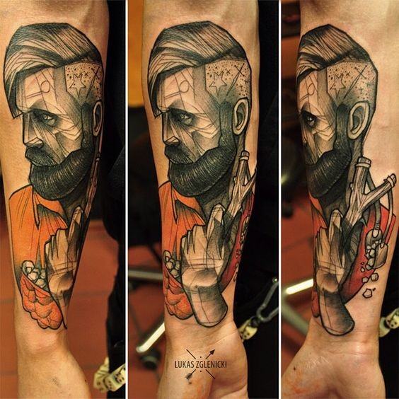 Surrealism style colored forearm tattoo of man with slingshot