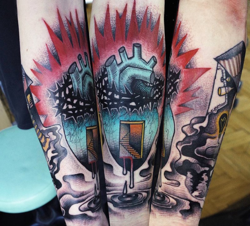 Surrealism style colored forearm tattoo of mystical human heart with vine and stairs