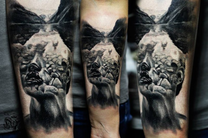 Surrealism style colored forearm tattoo of mystical portrait