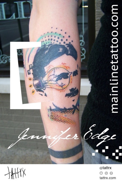 Surrealism style colored forearm tattoo of Nikola Tesla