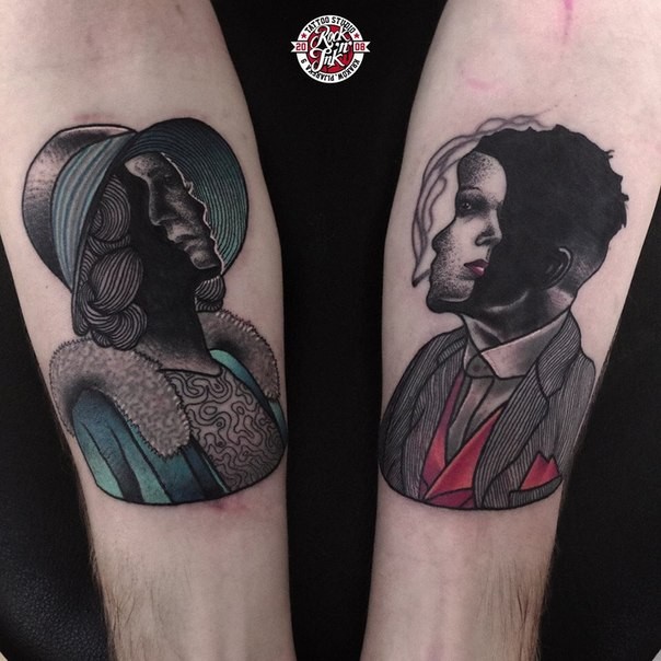 Surrealism style colored forearms tattoo of man and woman portraits