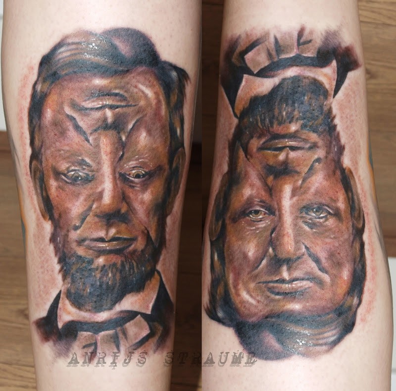 Surrealism style colored interesting looking Lincoln portrait tattoo on leg
