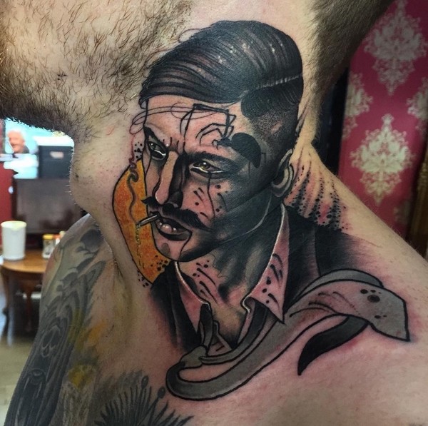 Surrealism style colored neck tattoo of smoking man and tie