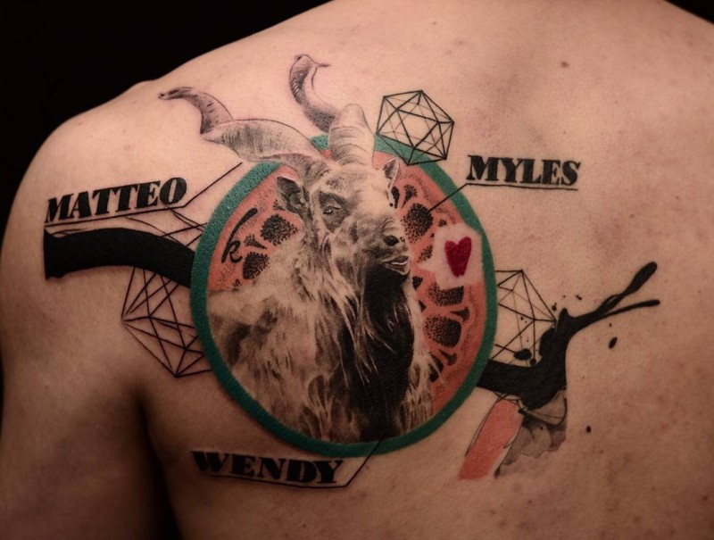 Surrealism style colored scapular tattoo of big goat with lettering and geometrical figure