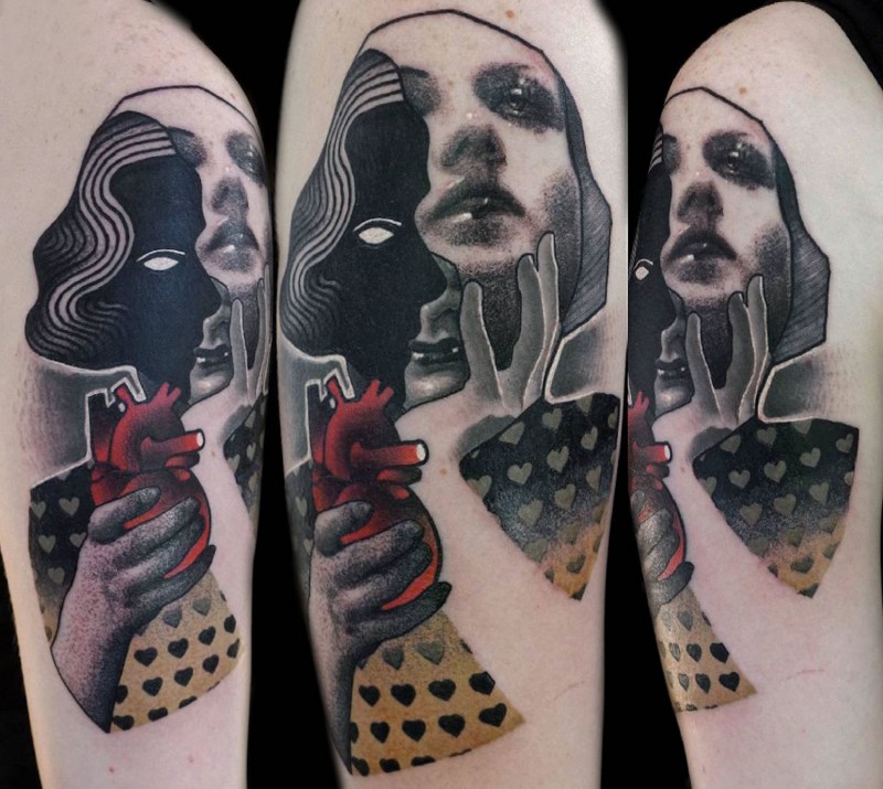 Surrealism style colored shoulder tattoo of woman eye and heart