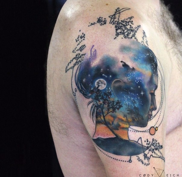 Surrealism style colored shoulder tattoo of woman face with stars