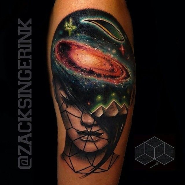 Surrealism style colored tattoo of woman face stylized with space