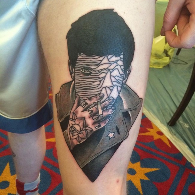 Surrealism style colored thigh tattoo of smoking man portrait
