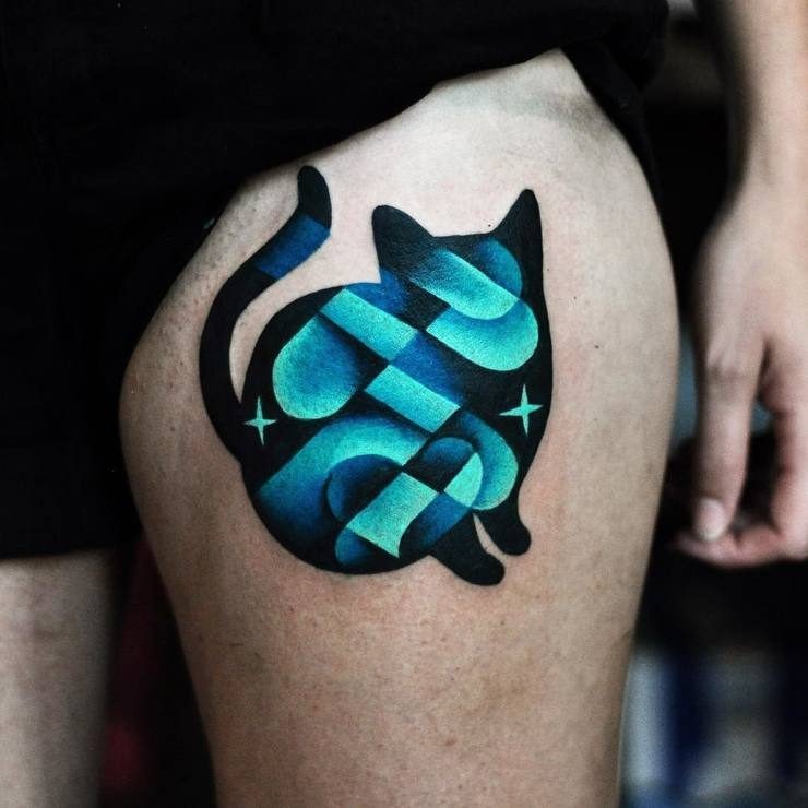 Surrealism style colored thigh tattoo of space cat by David Cote
