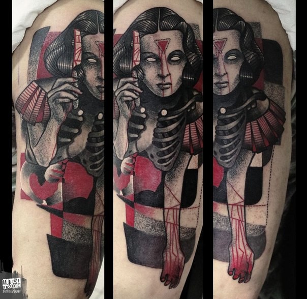 Surrealism style colored thigh tattoo of creepy woman with razor blade