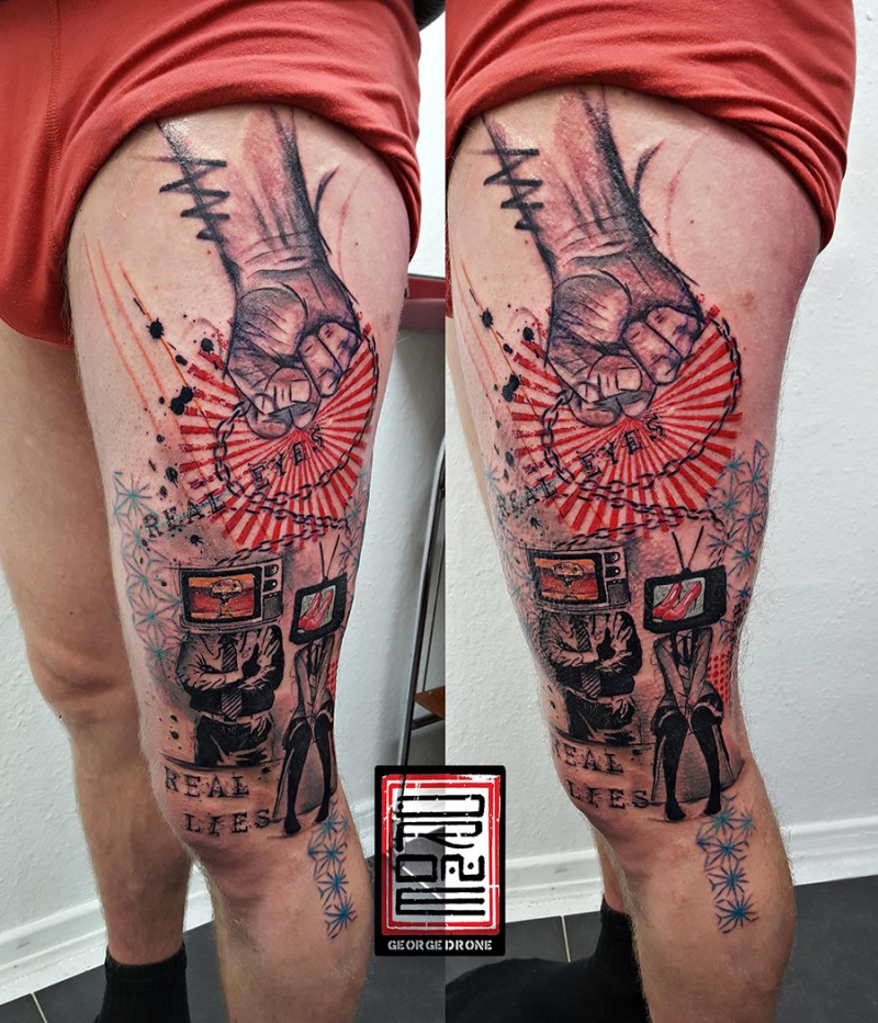 Surrealism style colored thigh tattoo of human hand with people and lettering
