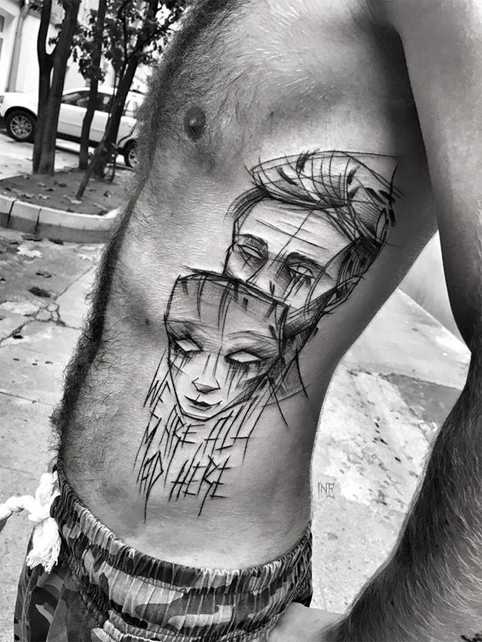 Esboço de tatuagem estilo surrealismo pintado por Inez Janiak do homem com máscara mística