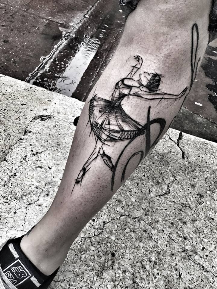 Sweet black ink leg tattoo of ballet dancer by Inez Janiak