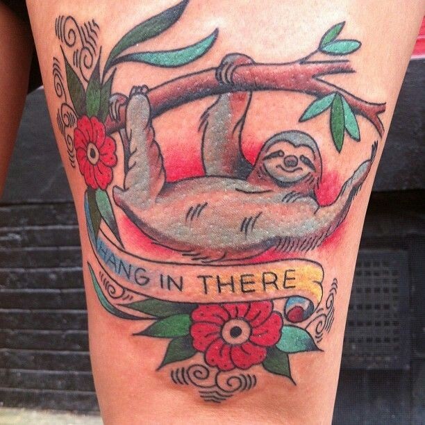 Sweet designed colored sloth with lettering and flowers on thigh