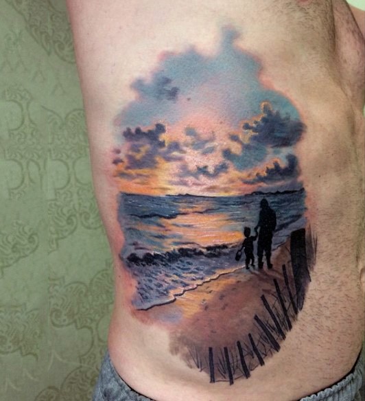 Sweet designed colorful ocean shore with father and son tattoo on side