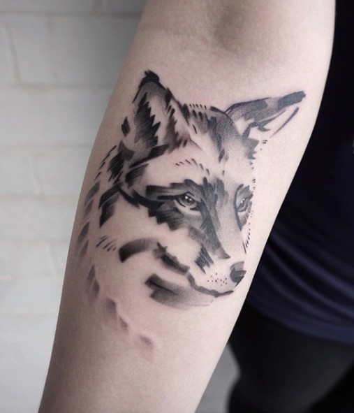 Sweet looking black ink arm tattoo of fox head