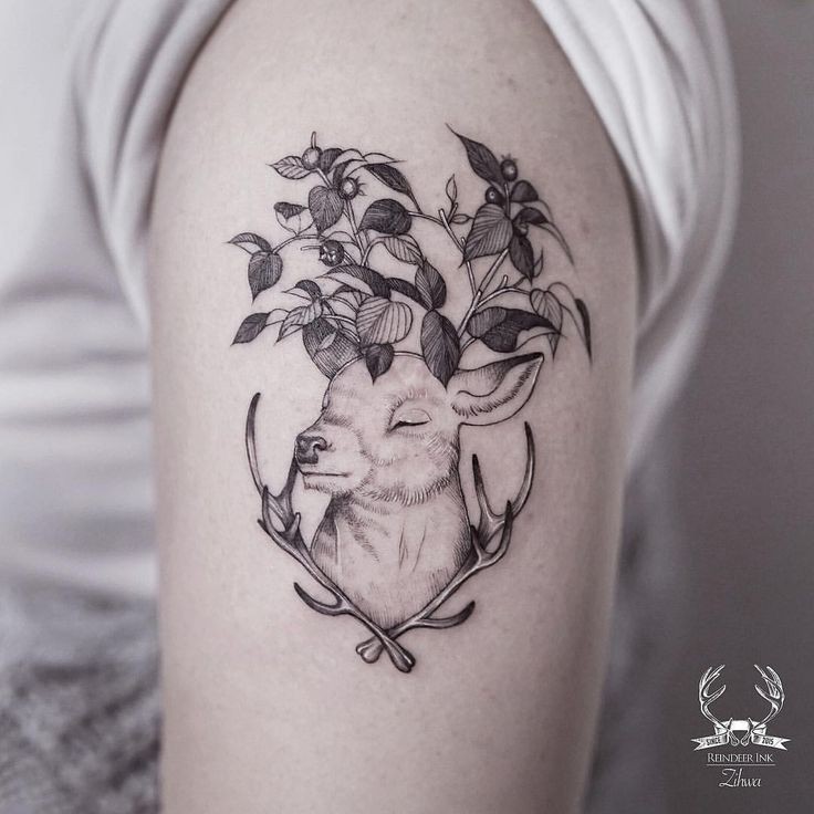 Sweet looking black outline shoulder tattoo of deer with leaves by Zihwa