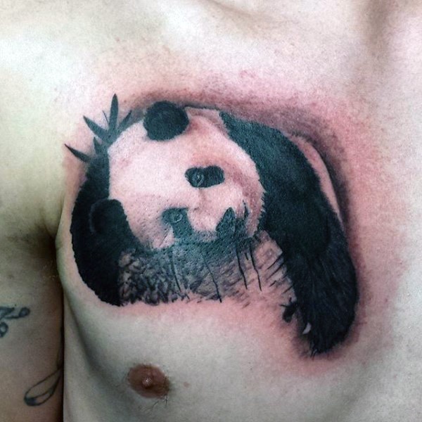 Sweet looking colored chest tattoo of sad panda bear