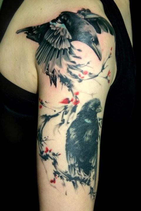 Sweet looking colored shoulder tattoo of flying crows and blooming tree