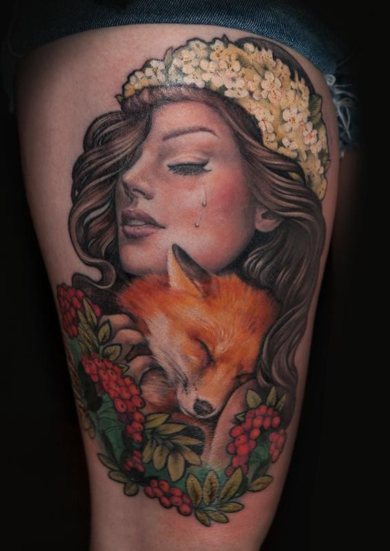 Sweet looking colored thigh tattoo of crying woman with fox and berries