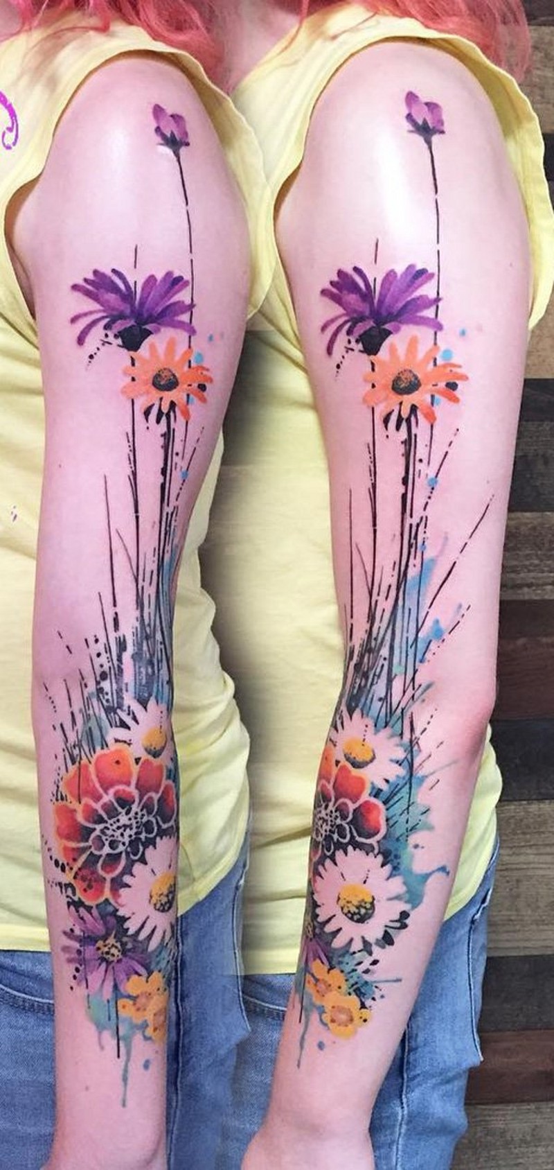 Sweet painted and colored big floral tattoo on sleeve