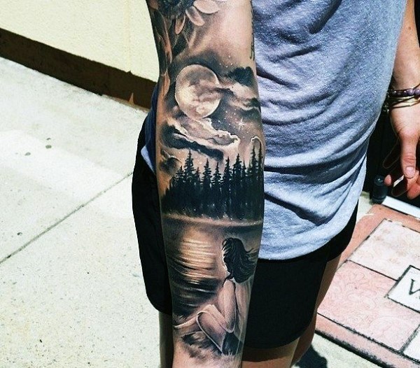 Sweet painted black and white woman on night lake shore sleeve tattoo