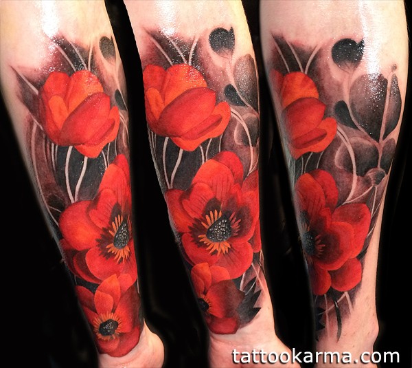 Sweet painted colored realism style red flowers tattoo of forearm