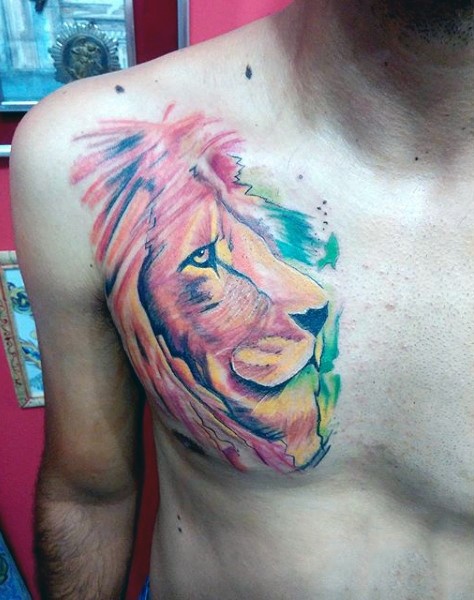 Sweet watercolor like painted lion face tattoo on chest