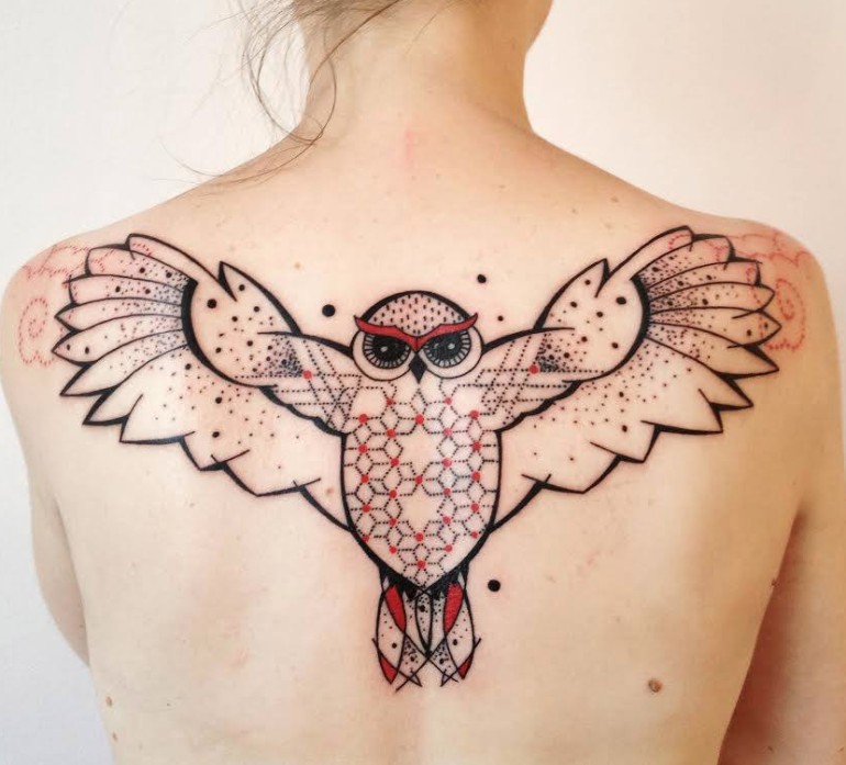 Swooping black red owl tattoo for women
