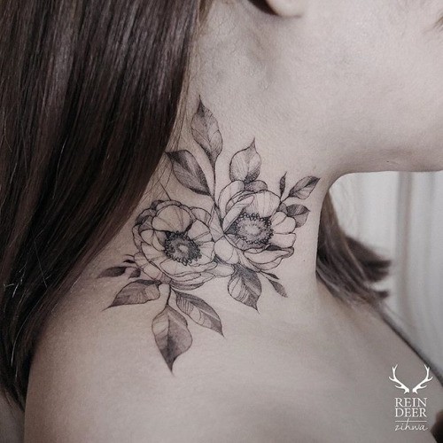 Symmetrical painted by Zihwa neck tattoo of nice flowers