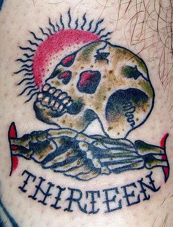 Lucky number thirteen with skull tattoo