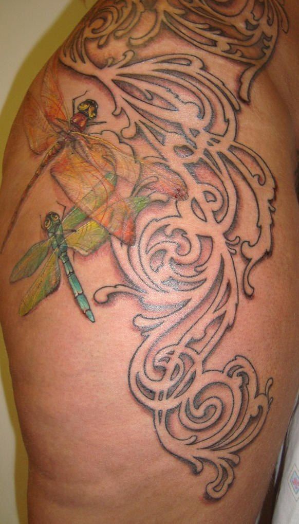3d dragonfly on tracery background tattoo