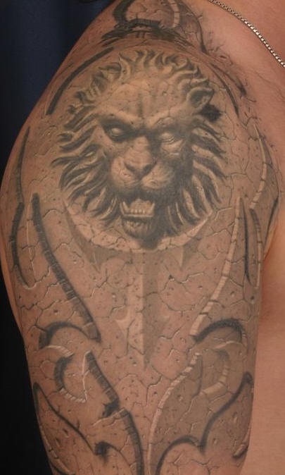 Tatuaggio grande colorato impressionante 3D sul deltoide il viso del leone scolpito