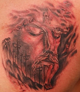Tatuaggio rosso 3D sulla schiena Gesù