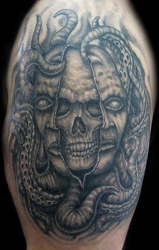 Tentacles with skull black and white tattoo