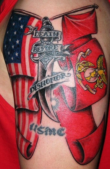 Patriotic flags and USMC army dagger tattoo