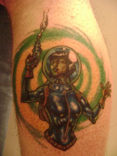 Old shool futuristic cosmonaut girl with gun in colour