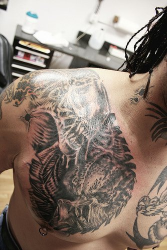 Xenomorph and predator fight tattoo on chest