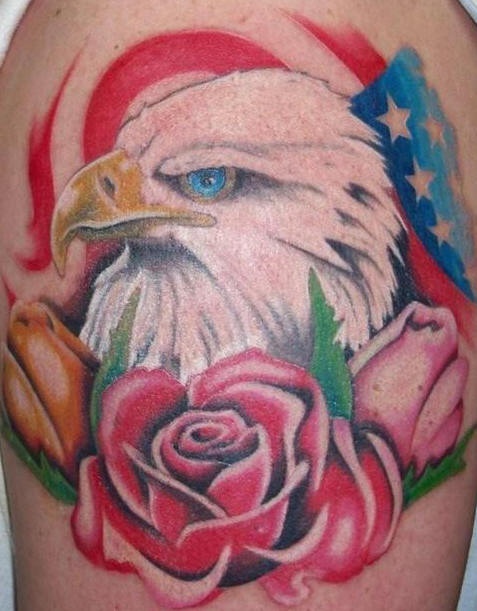 American patriotic tattoo with eagle and roses