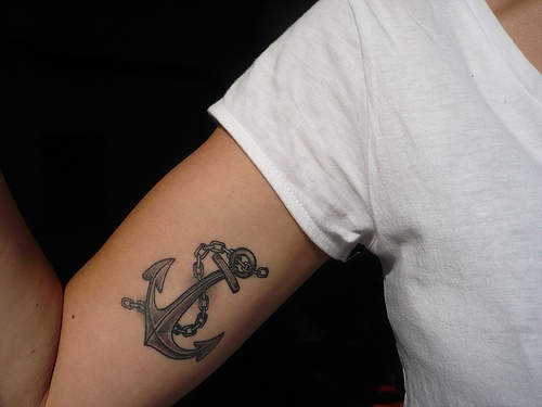 Tattoo mit Anker und Kette an der Hand