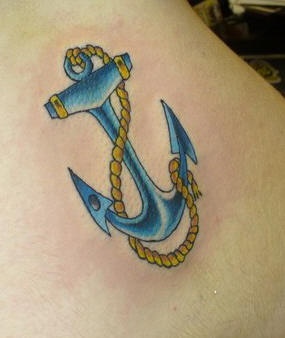 Classic anchor with rope around tattoo in colour
