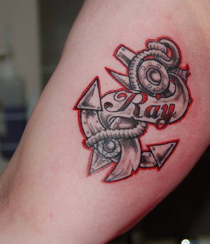 Steampunk anchor tattoo with ray name on it