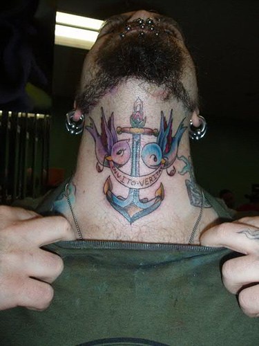Anchor with sparrows coloured tattoo on neck