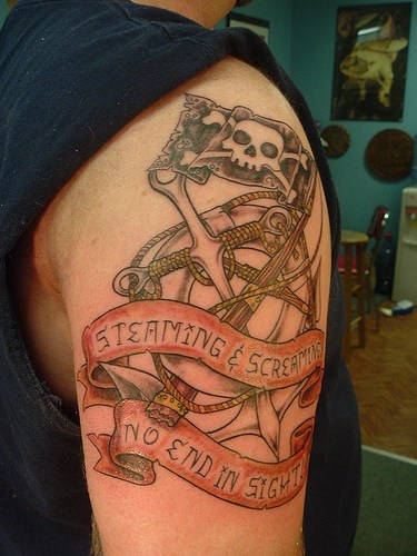Steaming and screaming pirate ship on shoulder