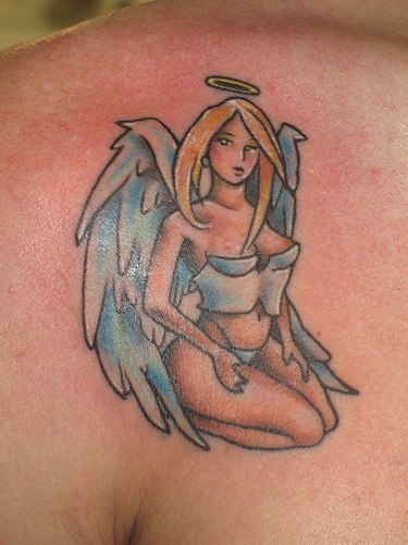 Anime style angel girl coloured tattoo
