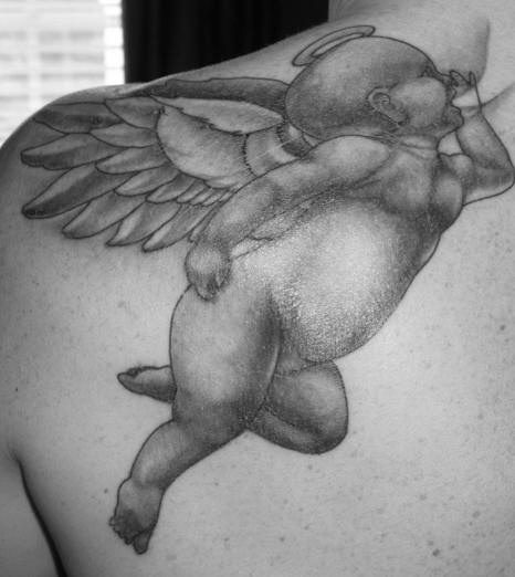 Shoulder tattoo design, shouting,chubby angel