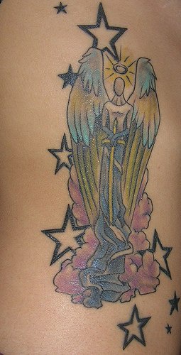 Faceless angel with sword tattoo in colour