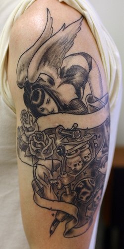Sexy fallen angel girl on skulls and roses