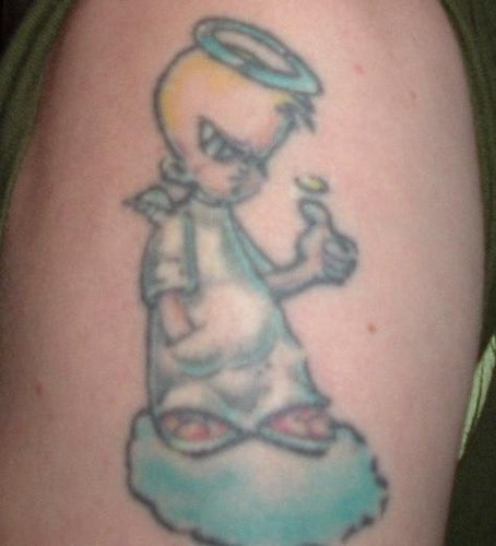 Cartoonish angel boy tattoo in colour