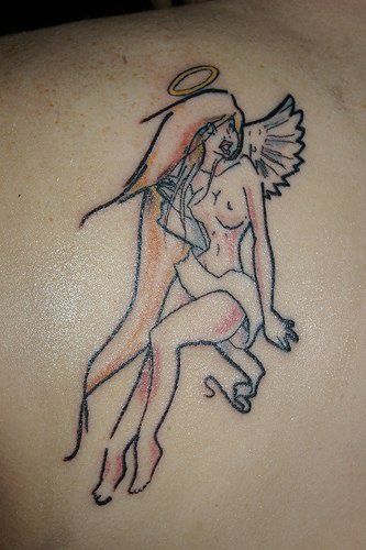 Sexy blonde angel tattoo in colour